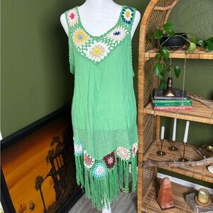 FAVLUX Green Crochet Multicolor Floral Trim Swimsuit Cover-up
